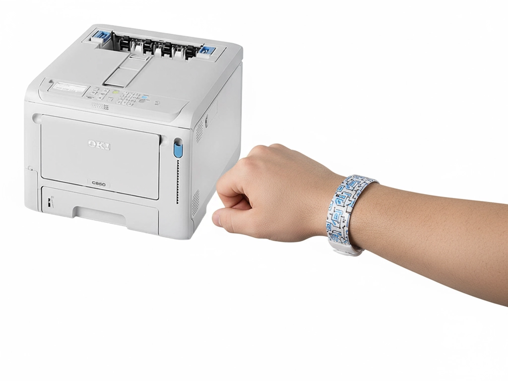 Person standing near an OKI printer wearing a printed wristband