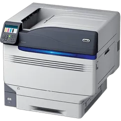 OKI Pro 9542 SRA3 Colour printer with white ink. positioned at 45 degree angle showing sleak features of printer.
