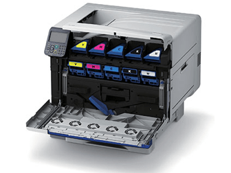 OKI Pro 9542 open toner and drum compartment showing five colour stations