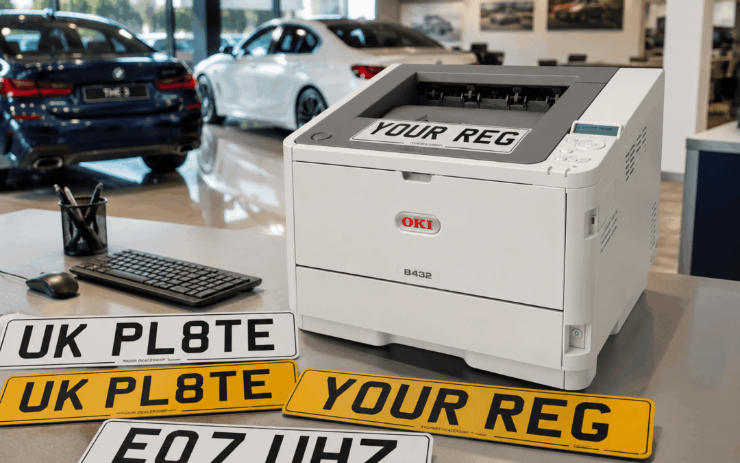 A printer producing custom vehicle license plates.