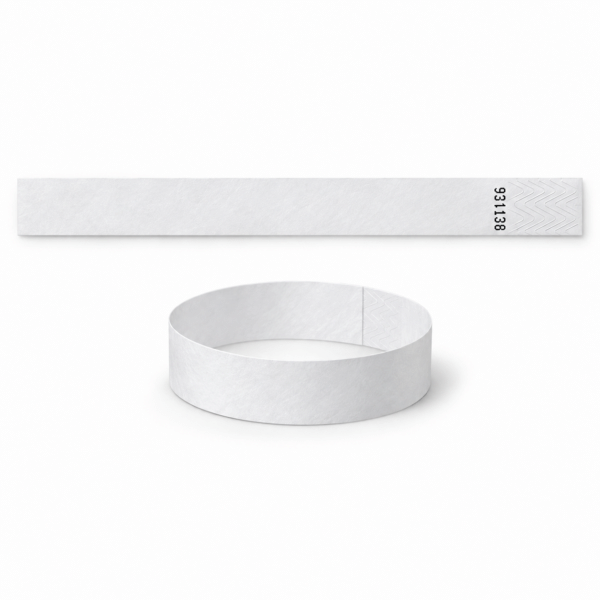 Numbered White Tyvek Wristbands – 255 × 19 mm – Pack of 1,000 — illustration showing numbering beside the adhesive end